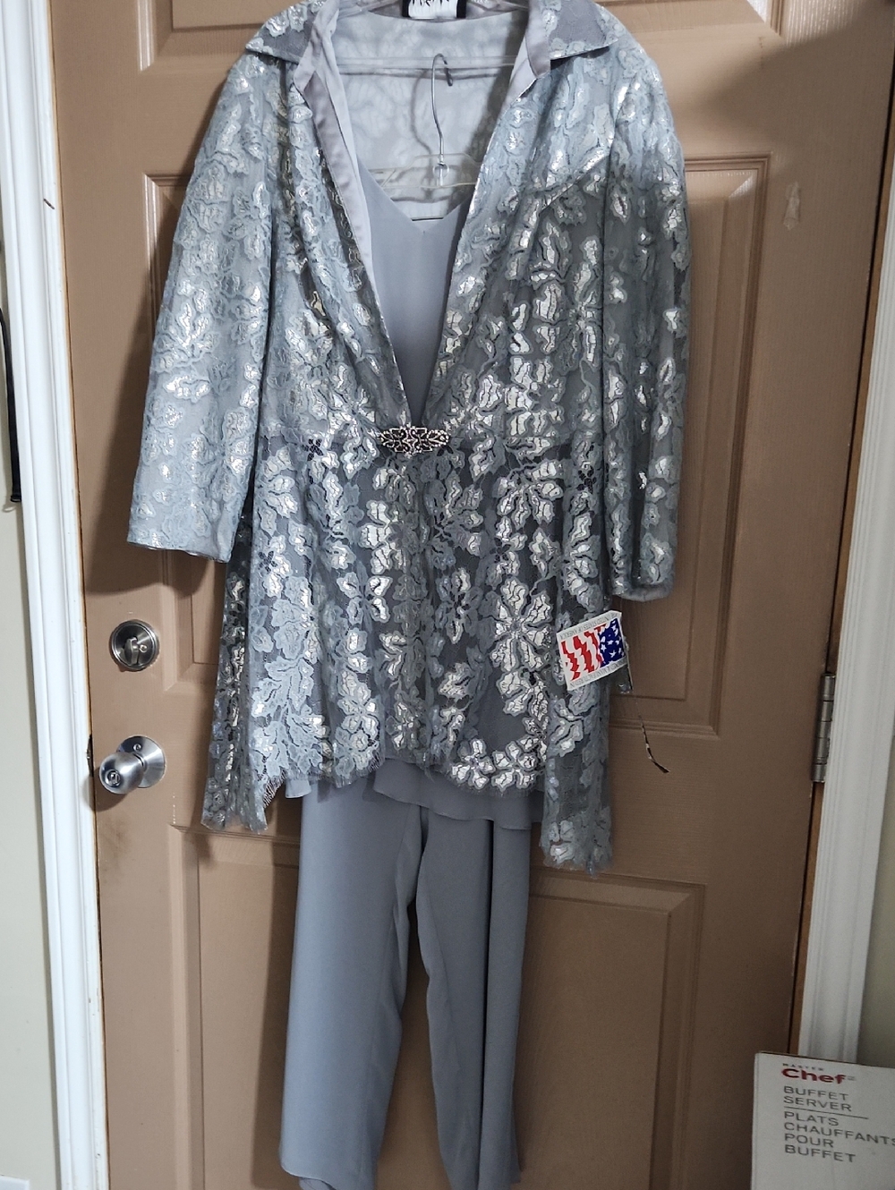 Ursula of Switzerland Silver Lace Jacket & Trousers Set Sz 18